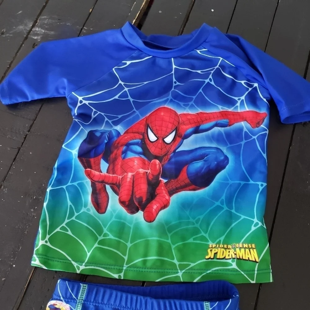Spiderman Two Piece Swim Set Rash Guard Trunks Blue Green Baby Boy Medium 3-6 Mo
